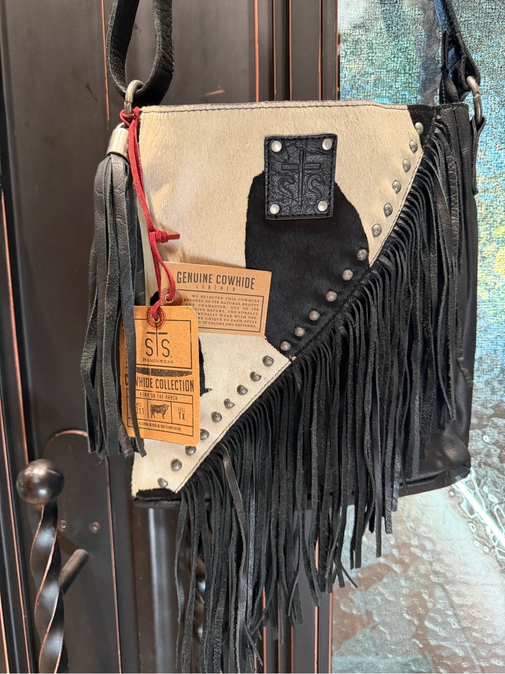 STS- Black & Cream Genuine Cowhide Fringe Crossbody Bag w/concealed carry pocket